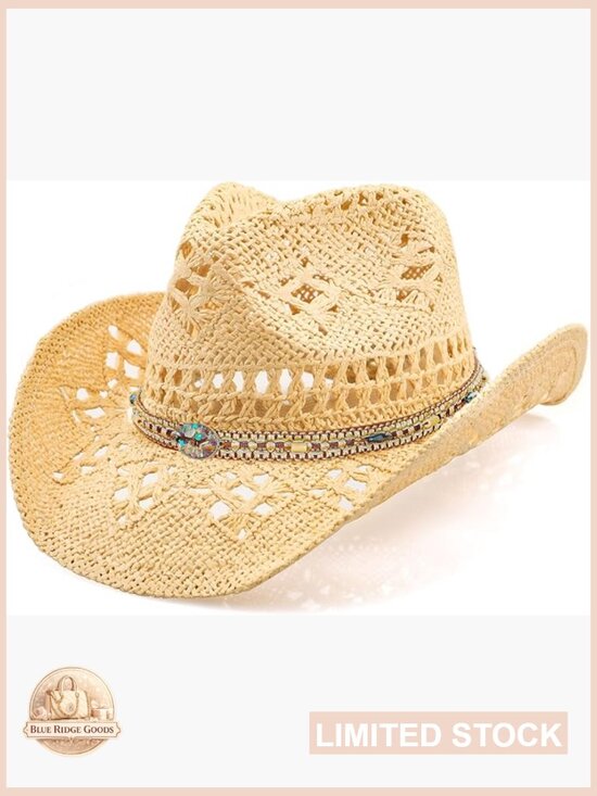 Accessories - Straw Wide Brim Cowboy Hat Classic Western Shapeable Adjustable Unisex